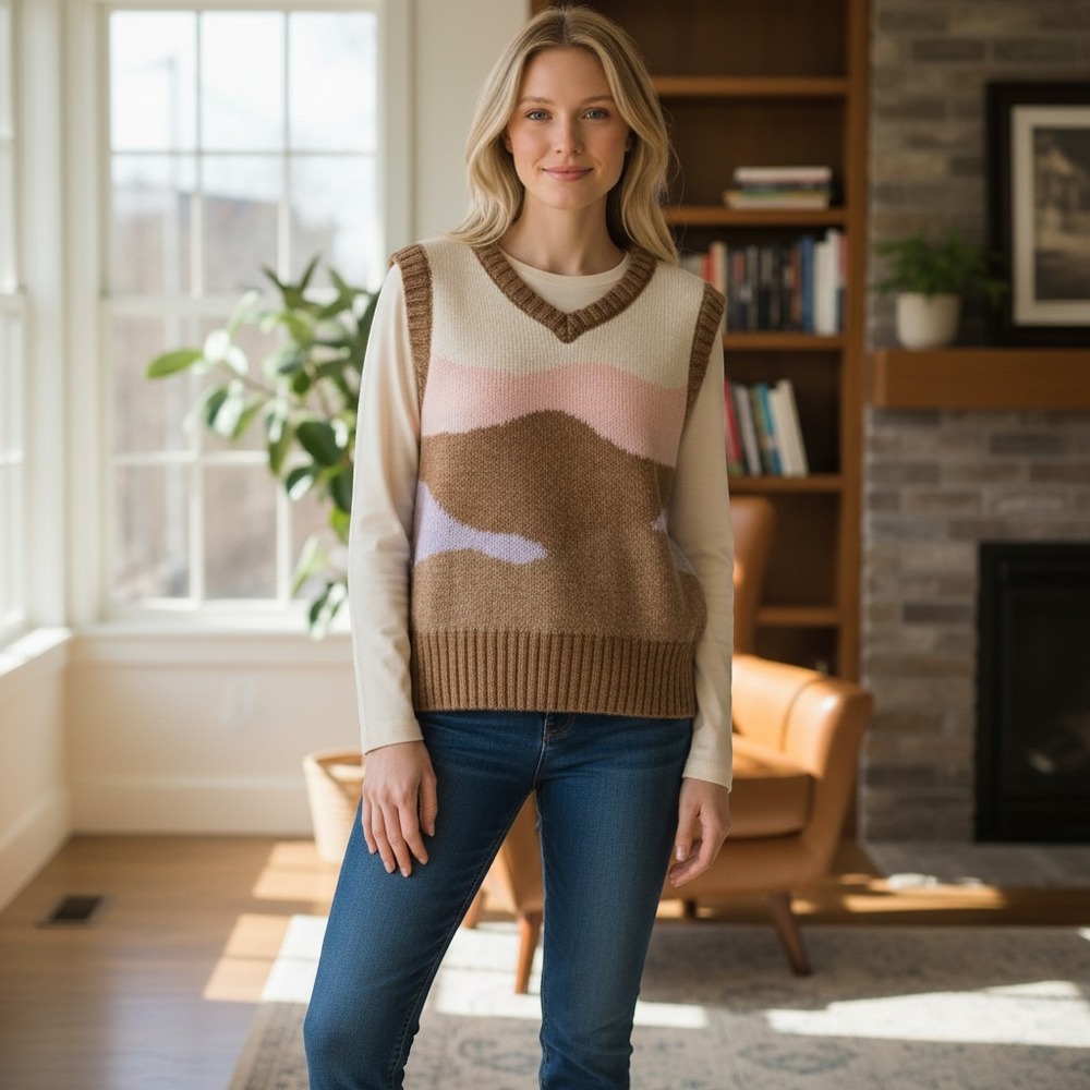 Wonder Nation Girl Brown Pink Abstract Intarsia Knit V-Neck Sweater Vest L 10-12